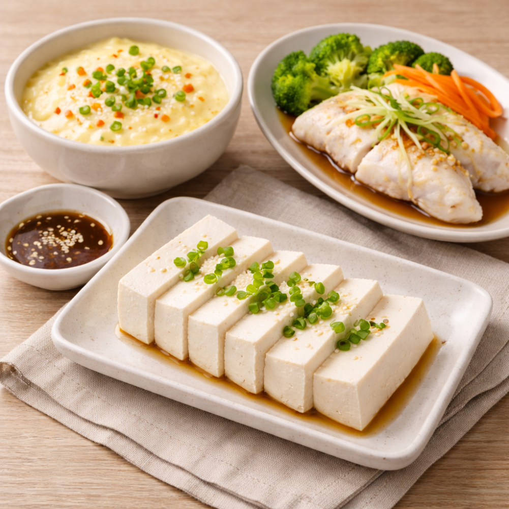 두부, 계란찜, 흰살생선