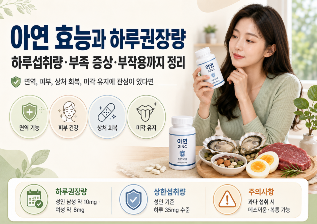 아연 효능과 하루권장량, 하루섭취량·부족 증상·부작용까지 정리 2 아연 효능과 하루권장량, 하루섭취량·부족 증상·부작용까지 정리